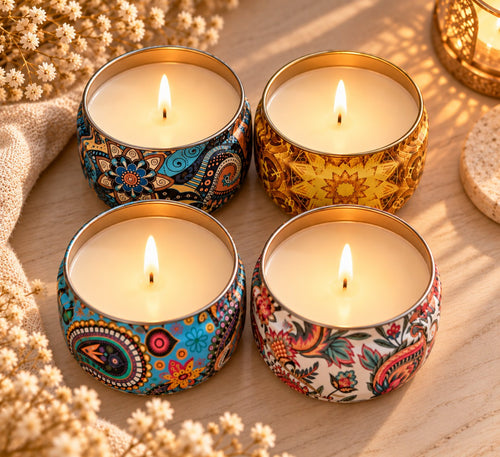 Quatre bougies coulées dans des boîtes métal à motifs colorés
