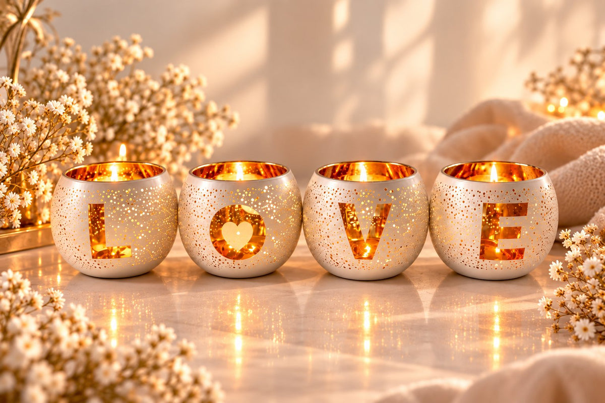 Quatre bougies ajourées formant le mot LOVE