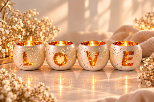 Quatre bougies ajourées formant le mot LOVE